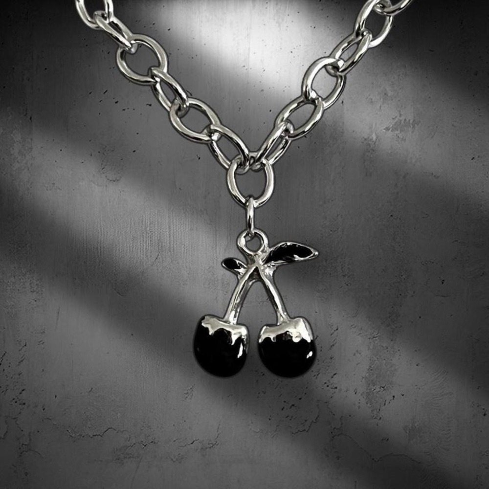 Stainless Steel Black Drip Cherry Pendant Chain Link Necklace